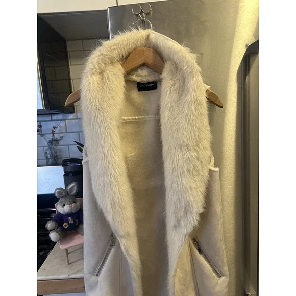 Dolce Cabo Women's Suede Faux Fur Vest Open, Lined, Taupe Cream, Size L - Picture 2 of 9